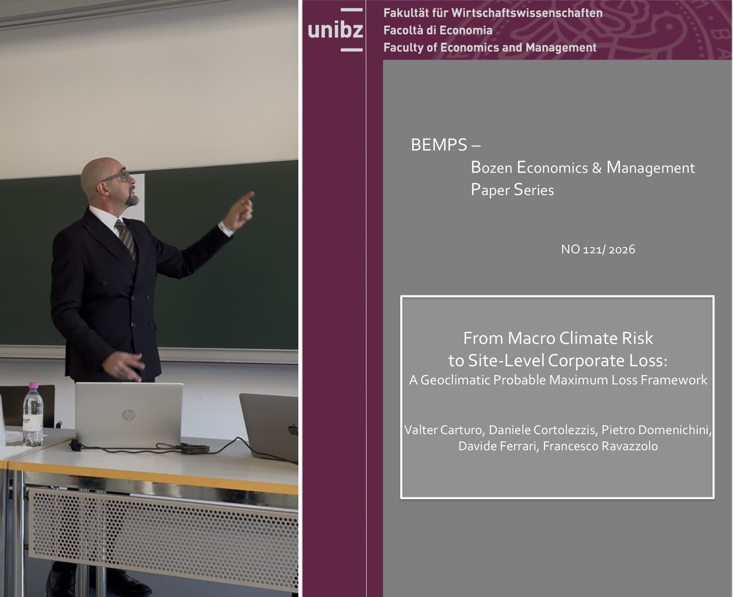 Il relatore presenta il lavoro all'Università di Bolzano, accanto alla copertina del paper BEMPS n. 121/2026